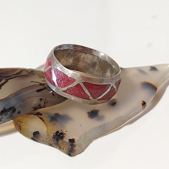 Sterling Silver Red Coral Chip Inlay Native American Western Ring Size: 3 5 6 7 - Picture 1 of 11
